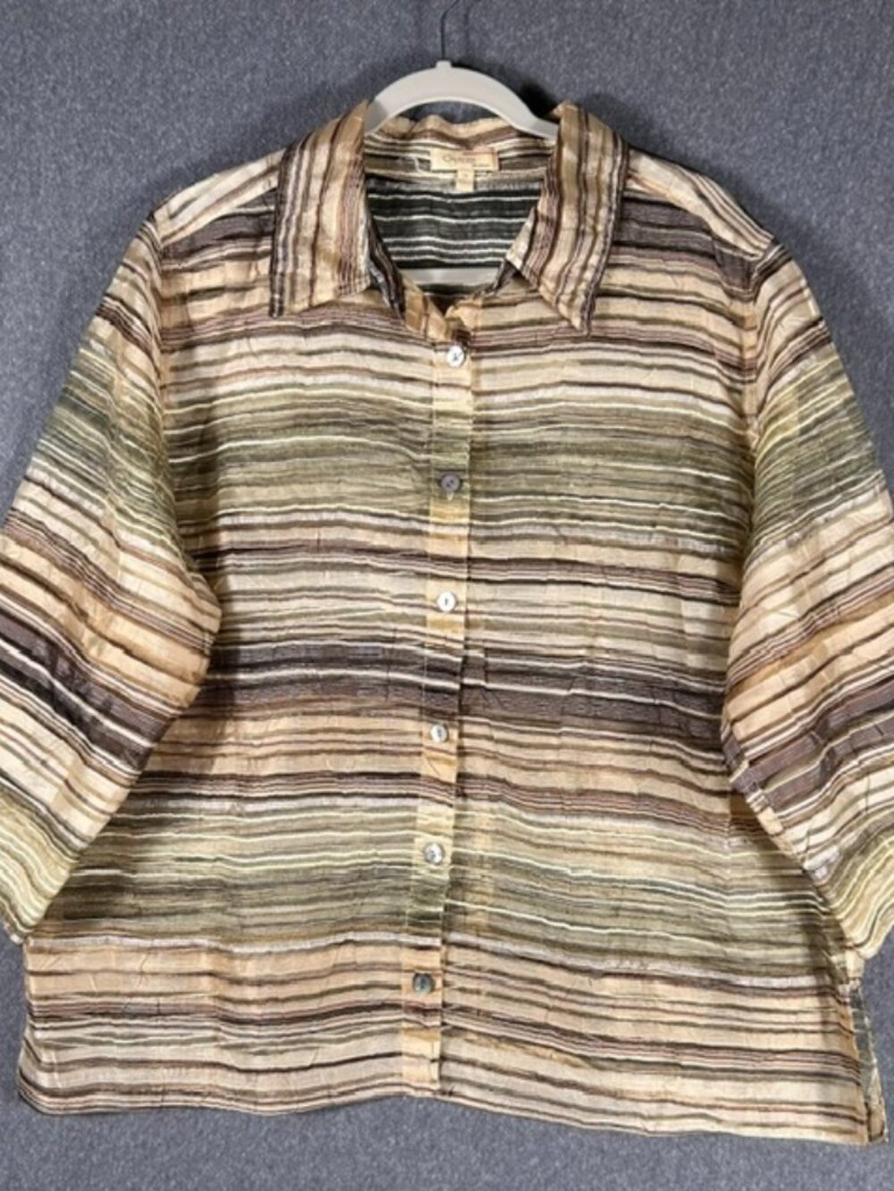 Choices Semisheer Crinkle Button Up Shirt Womens Sz 1X 3/4 Sleeves Striped Fall